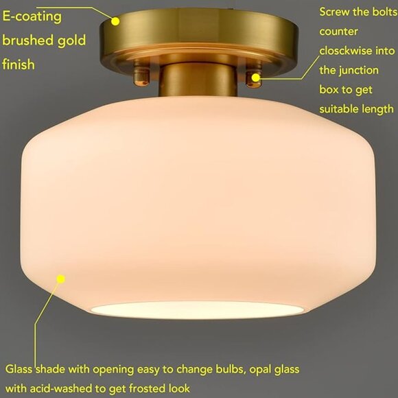 NIB Jeenkae Gold W/ Milk Glass Semi Flush Mount Ceiling Light Fixture - Picture 3 of 8